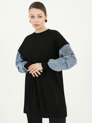 Siyah İp Kumaş Kolları Kot Detaylı Sweatshirt Siyah İp Kumaş Kolları Kot Detaylı Sweatshirt