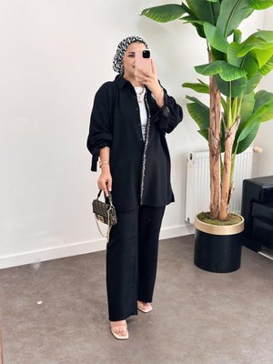 Boncuklu Kolbağlamalı Pamuk Keten Takım Siyah Boncuklu Kolbağlamalı Pamuk Keten Takım Siyah