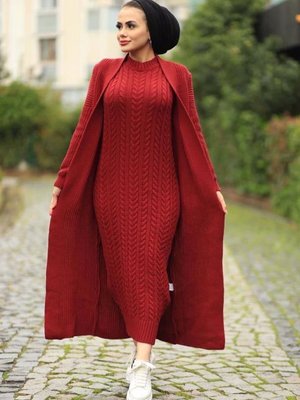 Bordo Saç Örgü Desenli Triko Kabanlı Elbise Hırka Ceket