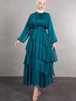 Çapraz Asimetrik Katlı Kuşaklı Abiye Elbise