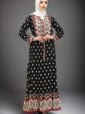 Siyah Geometrik Desenli Viskon Elbise Siyah Geometrik Desenli Viskon Elbise