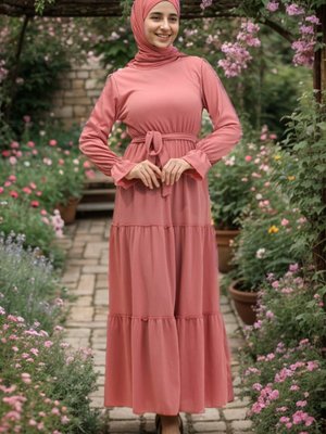 Gül Kurusu Kolları Volanlı Kuşaklı Elbise Gül Kurusu Kolları Volanlı Kuşaklı Elbise