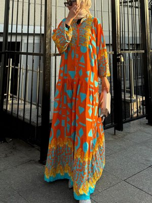 Turuncu Oversize Yazlık Viskon Elbise