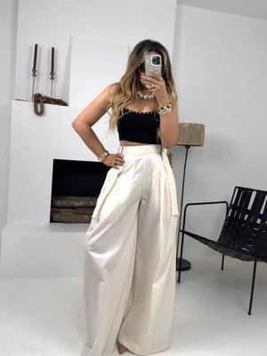 Krem Wide Leg Paça Kemerli Pantolon Krem Wide Leg Paça Kemerli Pantolon