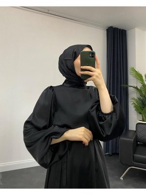 Dimitra Balon Kol Saten Elbise Siyah Dimitra Balon Kol Saten Elbise Siyah