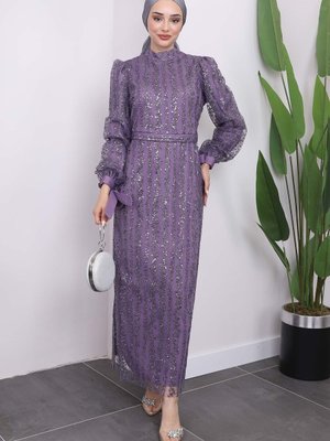Lila Simli Kol Detaylı Abiye Elbise