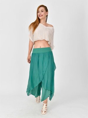 Koyu Yeşil Asimetrik Kapaklı İpek Şalvar Pantolon