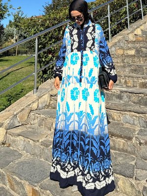 Koyu Lacivert %100 Viskon Desenli Oversize Yazlık Elbise