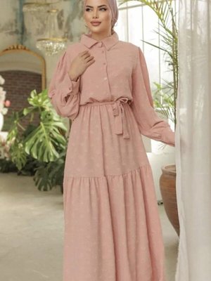 Pudra Kendinden Dokulu Kuşaklı Uzun Balon Kollu Yazlık Aerobin Elbise Pudra Kendinden Dokulu Kuşaklı Uzun Balon Kollu Yazlık Aerobin Elbise