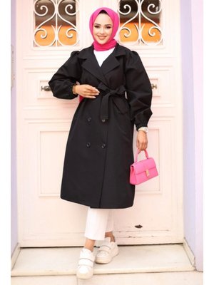 Siyah Omzu Pileli Detaylı Trençkot Siyah Omzu Pileli Detaylı Trençkot