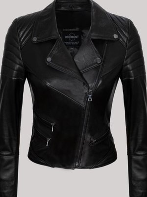 Siyah Hakiki Kuzu Derisi Omuz Ve Koldan Çizgi Desenli Simetrik Üç Cepli Deri Mont