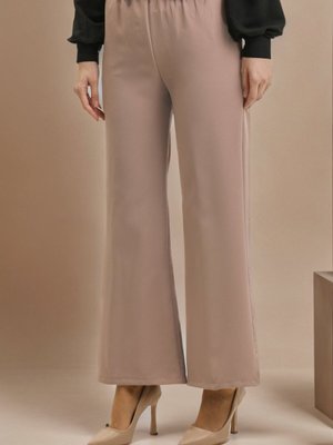 Bej Beli Lastikli Bol Paça Pantolon