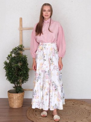 Sarı Açık Pembe Bebe Yaka Crop Gömlek & Çiçekli Kat Kat Etek Takım