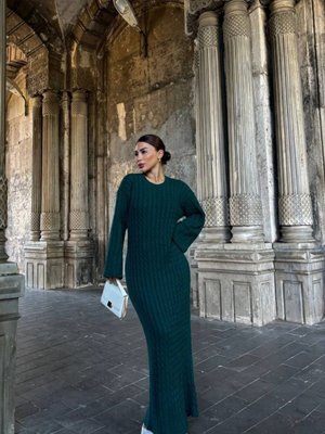 Yeşil Uzun Kollu Oversize Saç Örgü Triko Elbise