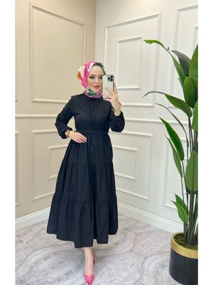 Siyah Standart Yaka Dügmeli Elbise