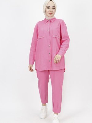 Fuşya Gabardin Kumaş Cep Detaylı 2li Takım Fuşya Gabardin Kumaş Cep Detaylı 2li Takım