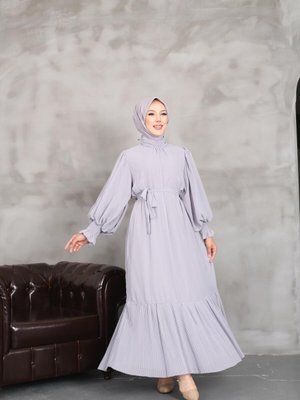 Açık Gri Etegi Piliseli Astarlı Şifon Elbise