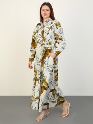 Büyük Beden Yaprak Desenli Keten Gömlek Elbise Yag Yesili