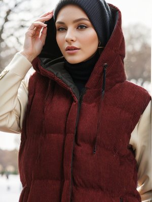 Bordo Kapüşonlu Fitilli Kadife Yelek Bordo Kapüşonlu Fitilli Kadife Yelek