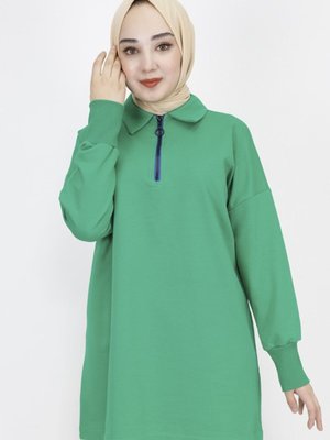 Yeşil İp Kumaş Yaka Fermuar Detaylı Sweatshirt Yeşil İp Kumaş Yaka Fermuar Detaylı Sweatshirt