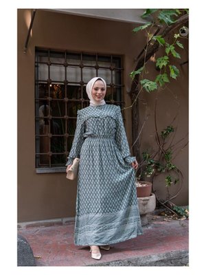 Doğal Kumaşlı Yeşil Desenli Elbise