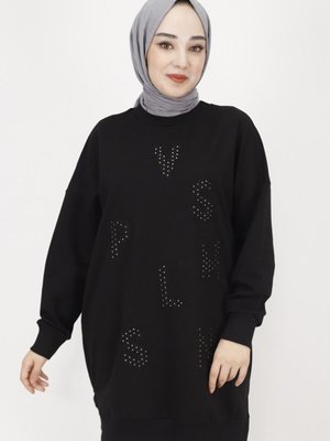 Siyah İp Kumaş Taş Baskılı Sweatshirt Siyah İp Kumaş Taş Baskılı Sweatshirt
