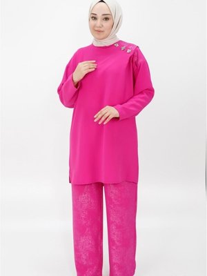 Fuşya Aerobin Kumaş Omuzu Düğme Detaylı İkili Takım