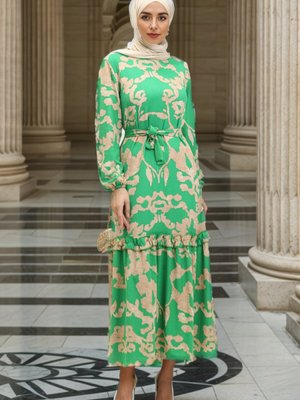 Yeşil Desenli Kuşaklı Viskon Elbise Yeşil Desenli Kuşaklı Viskon Elbise