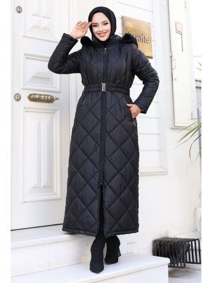 Siyah Baklava Desenli Lastik Kemerli Kapitone Mont