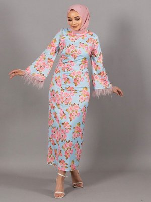 Mia Çiçek Desen Saten Abiye Elbise Mavi