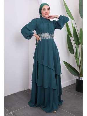 Zümrüt Yeşili Bel Taşlı Eteği Katlı Şifon Abiye Elbise