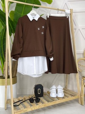 Kahverengi Taş İşlemeli Etekli Takım Kahverengi Taş İşlemeli Etekli Takım