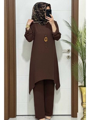 K70 Kahve Tunik Pantolon Aerobin Kumaş İkili Takım Buyuk Beden Yeni Sezon Kolyeli