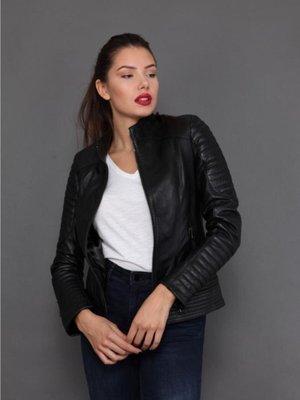 Siyah Hakiki Deri Beli Kolları İşlemeli Mont