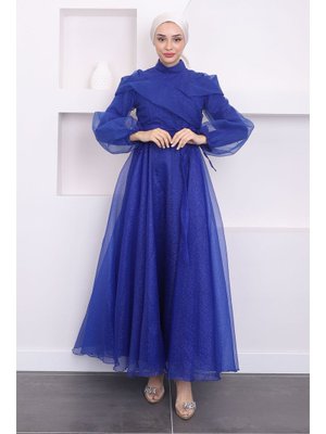 Saks Mavisi Ön Detaylı Balon Kol Simli Abiye Elbise