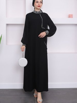 Siyah Taşlı Ön Detaylı Abiye Elbise