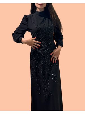 Silikon Taş İşleme Detaylı Likralı Kumaş Tam Boy Siyah Abiye Elbise