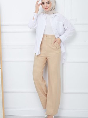 Pileli Çizgili Pantolon Bej Pileli Çizgili Pantolon Bej