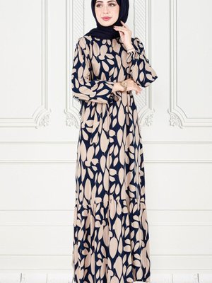 Eteği Fırfır Yaprak Desenli Viscon Elbise Lacivert Eteği Fırfır Yaprak Desenli Viscon Elbise Lacivert