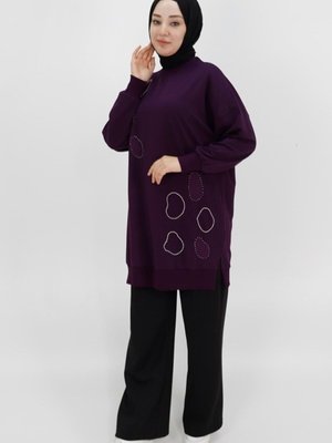 Mor İp Kumaş Taş Ve Nakış Detaylı Sweatshirt