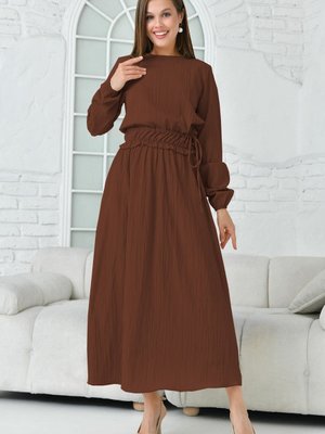 Kahve Bisklet Yaka Uzun Kollu Gofre Elbise