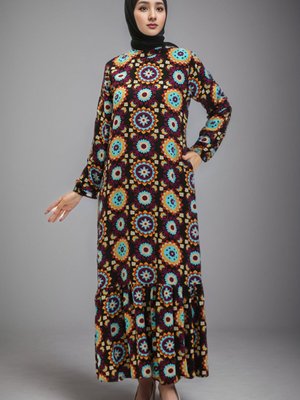 Siyah Mor Viskon Desenli Elbise Siyah Mor Viskon Desenli Elbise