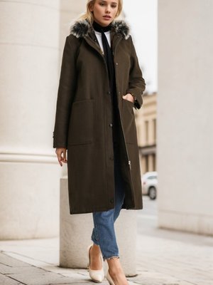 Haki Hermes Kaşe Kürklü Kaban Haki Hermes Kaşe Kürklü Kaban