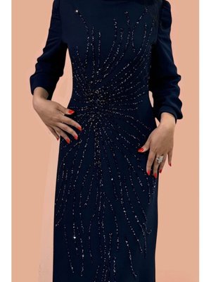 Silikon Taş İşleme Detaylı Likralı Kumaş Tam Boy Abiye Elbise