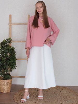 Pembe Bluz & Beyaz Krep Kloş Etek Takım