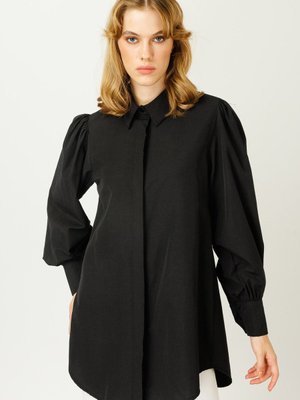 Balon Kollu Basıc Gömlek Siyah