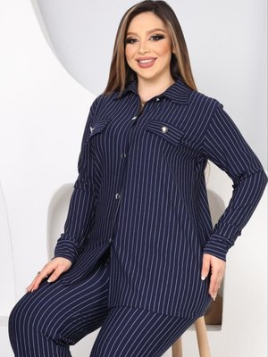 Kadın Çizgili Takım Krep Düğmeli