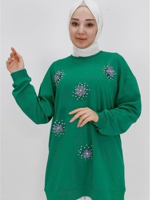 Yeşil İp Kumaş Taş Ve Boncuk Detaylı Sweatshirt Yeşil İp Kumaş Taş Ve Boncuk Detaylı Sweatshirt