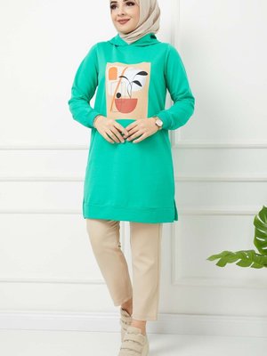 Yeşil Baskı Detaylı Kapüşonlu Tunik