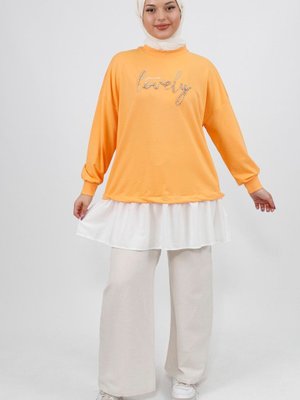 Somon Önü Taş Detaylı İplik Kumaş Sweatshirt Somon Önü Taş Detaylı İplik Kumaş Sweatshirt